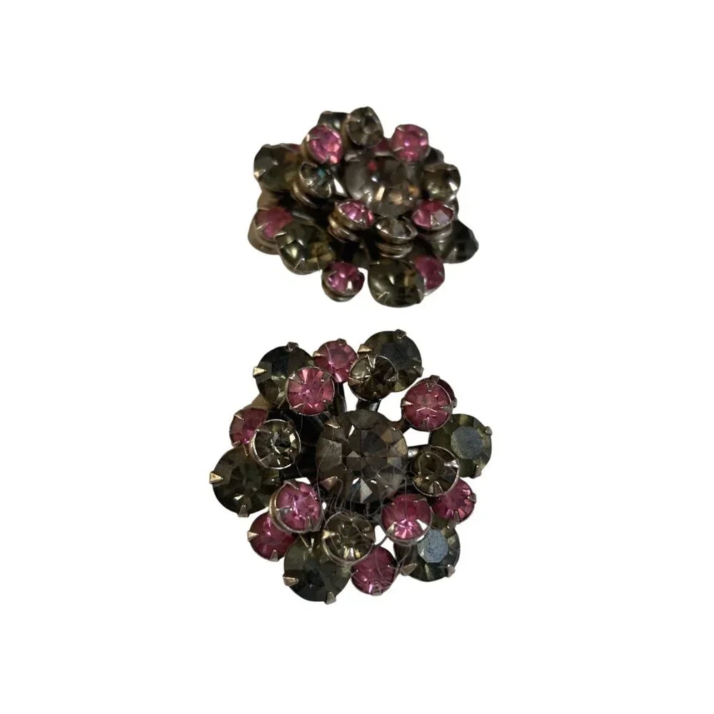 Vintage Rhinestone Cluster Earrings Clip On Pink Gray Prong Set Coquette Girl